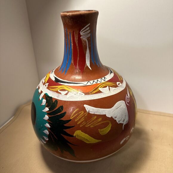 Hand Painted Red Ware Pottery Vessel Decanter Pitcher Jug Folk Art 11.5x8 in - Picture 10 of 12